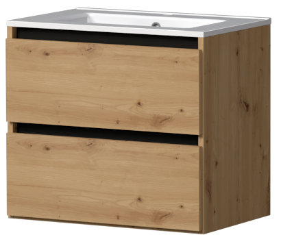 Szafka łazienkowa GERMAN dąb artisan z umywalką i czarnymi detalami, widok pod kątem.
