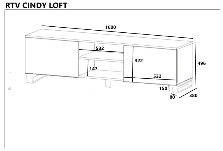 Rysunek techniczny szafki RTV SINDI LOFT GERMAN z wymiarami korpusu, półek i frontów.