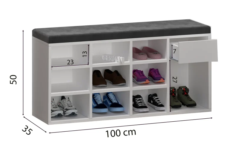 Schemat białej szafki na buty GERMAN z ciemnym siedziskiem, przegródkami i szufladą, szerokość 100 cm.