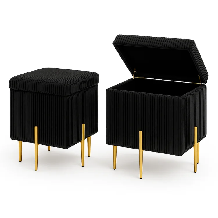 Czarna sztruksowa pufa SOX GERMAN na złotych nogach, pokazana z zamkniętym i otwartym schowkiem.