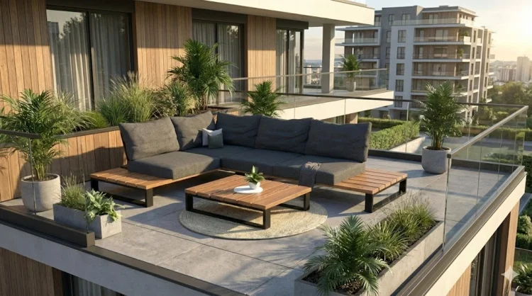 Zestaw ogrodowy GERMAN z drewnianym narożnikiem i stolikiem, szerokie ujęcie tarasu przy apartamencie.