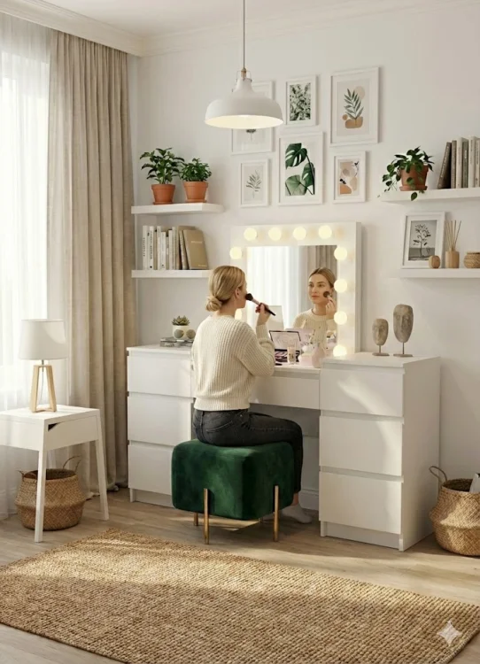 Kobieta siedząca na zielonej pufie przy białej toaletce BETI8 GERMAN z lustrem LED.