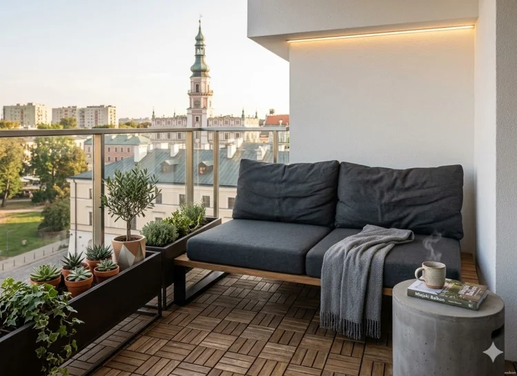 Drewniana sofa ogrodowa GERMAN z ciemnymi poduszkami na balkonie z widokiem na miasto.