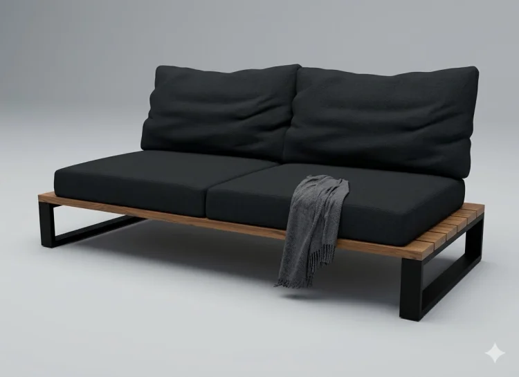 Drewniana sofa ogrodowa GERMAN z ciemnymi poduszkami i czarną podstawą, widok pod kątem.