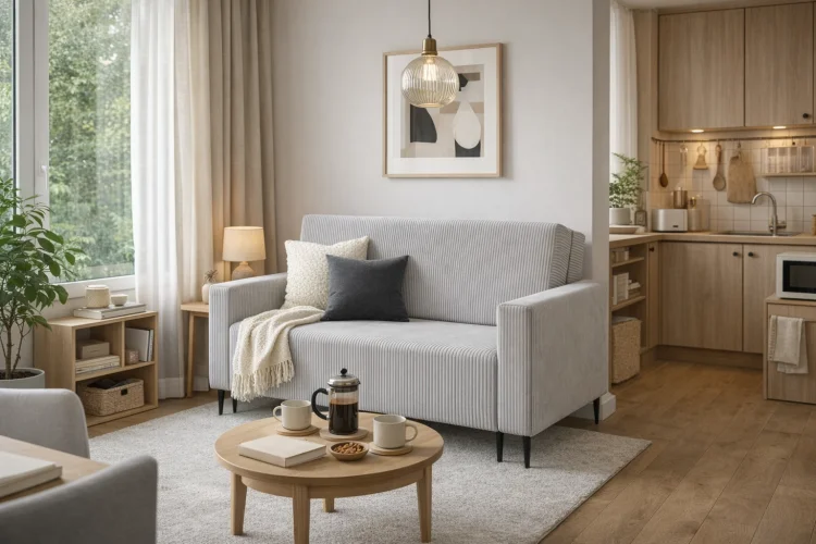 Szara sofa LAURA GERMAN przy stoliku w salonie z aneksem kuchennym