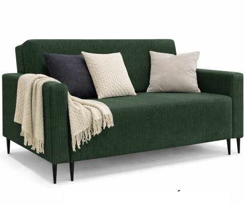 Zielona sofa LAURA GERMAN z poduszkami na białym tle