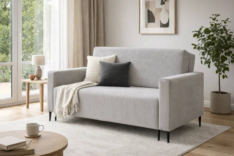 Szara sofa LAURA GERMAN w jasnym salonie przy oknie