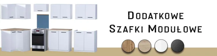 Dodatkowe modułowe szafki kuchenne GERMAN — zestawienie szafek i próbek dekorów.