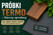 Próbki termodrewna i szarej tkaniny ogrodowej — grafika prezentująca materiały mebli GERMAN.