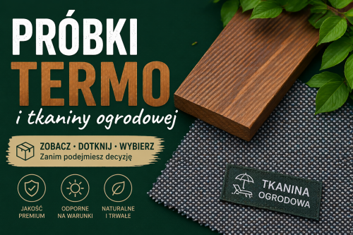 Próbki termodrewna i szarej tkaniny ogrodowej — grafika prezentująca materiały mebli GERMAN.
