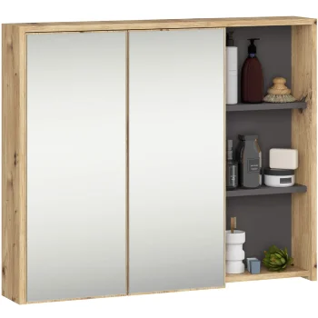 szafka łazienkowa wisząca z lustrem 90 cm 2 drzwi 3 półki dąb/grafit