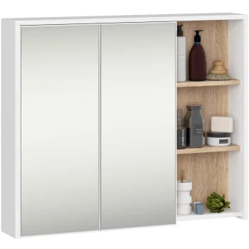 szafka łazienkowa wisząca z lustrem 90 cm 2 drzwi 3 półki biała dąb so