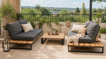 ZESTAW MEBLI OGRODOWYCH PREMIUM PREMIUM DREWNO TERMO + PODUSZKI / 2x SOFA + STOLIK/ METALOWE NOGI CZARNE 