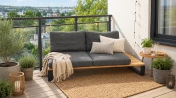 SOFA OGRODOWA PREMIUM DREWNO TERMO + PODUSZKI / SOFA 150 cm METALOWE NOGI CZARNE