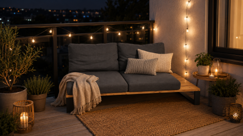 Sofa ogrodowa GERMAN z szarymi poduszkami na balkonie wieczorem, przy dekoracyjnym oświetleniu.