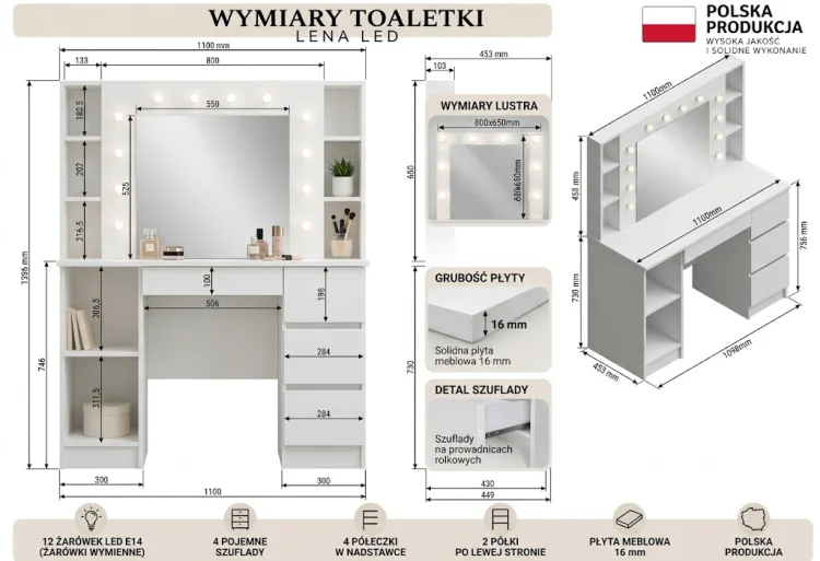 Rysunek techniczny toaletki LENA GERMAN z wymiarami biurka, lustra, półek i szuflad.
