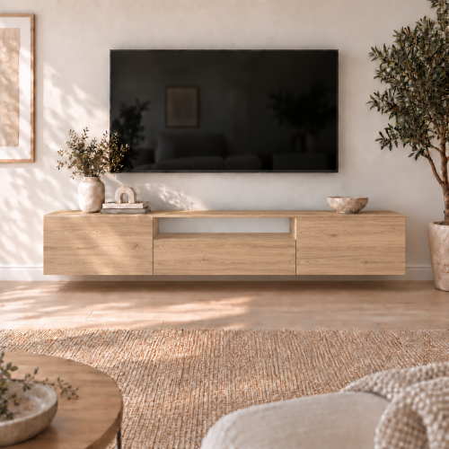 Wisząca szafka RTV TRUST GERMAN w dekorze dąb Cremona, trzy fronty i otwarta wnęka, widok od przodu.