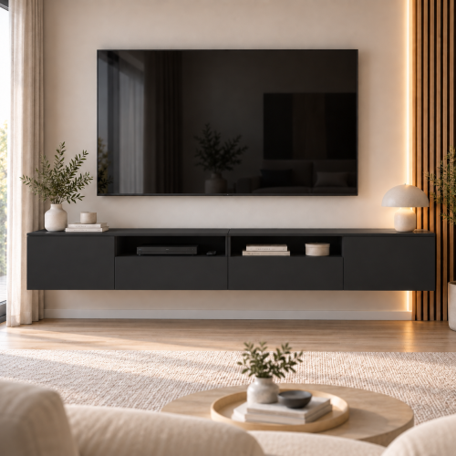 Szafka RTV OSLO 240 cm czarny mat – widok frontów w salonie