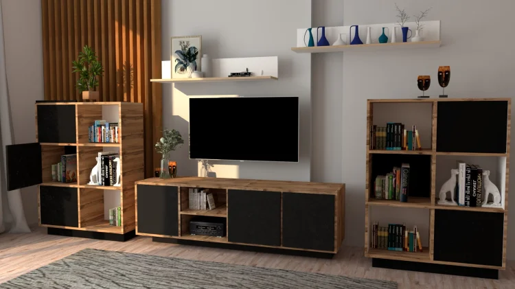 Szafka RTV LOFT 1.0 GERMAN dąb wotan i czarny mat, w zestawie z regałami.