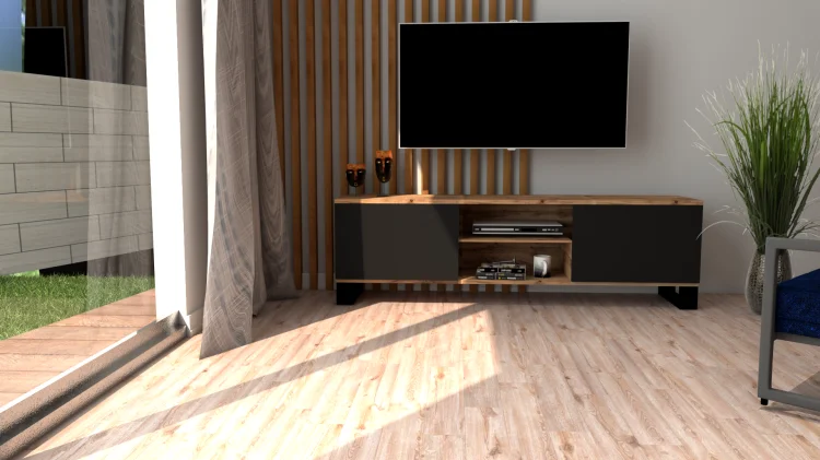 Szafka RTV SINDI LOFT GERMAN z czarnymi frontami i korpusem w dekorze drewna, w salonie.