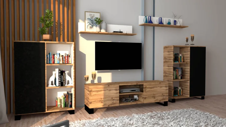 Szafka RTV SINDI LOFT GERMAN w dekorze drewna, szerokie ujęcie salonu z regałami.