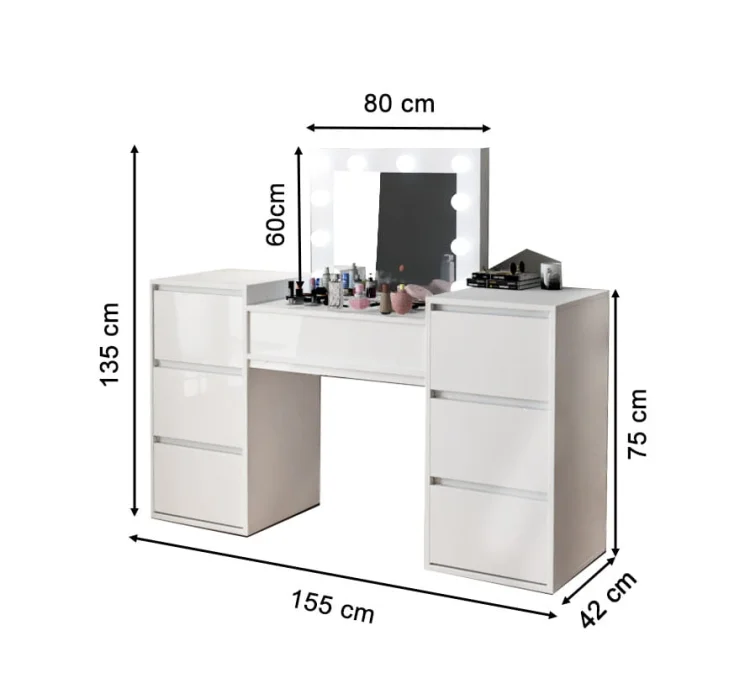 Schemat wymiarów toaletki BETI8 GERMAN z lustrem, szerokość 155 cm.