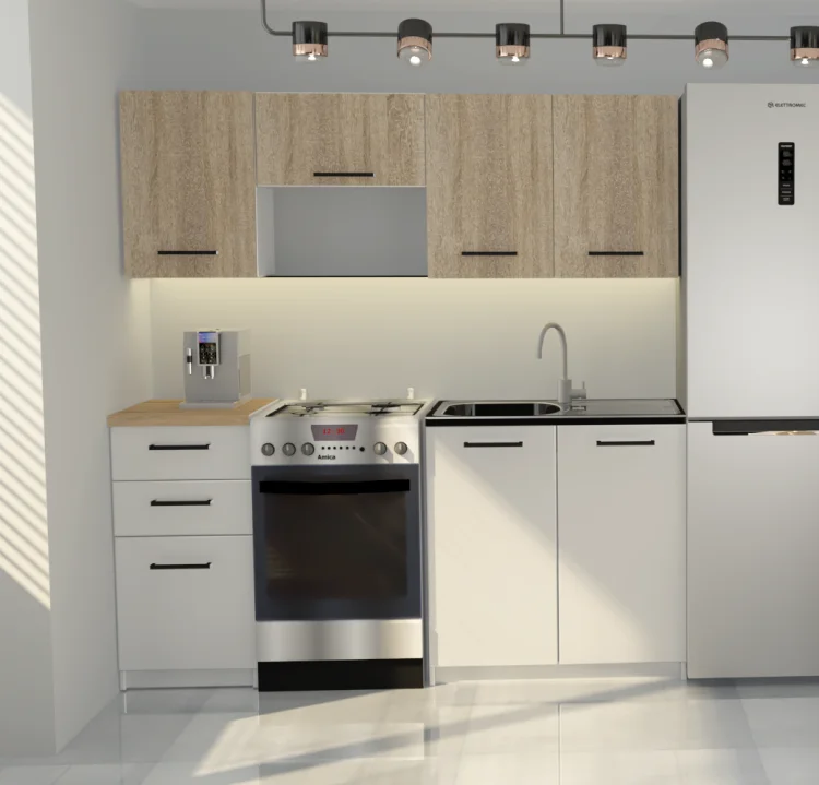 Kuchnia MILANO 1.8 GERMAN z białymi dolnymi frontami i górnymi dąb sonoma, w pokoju.