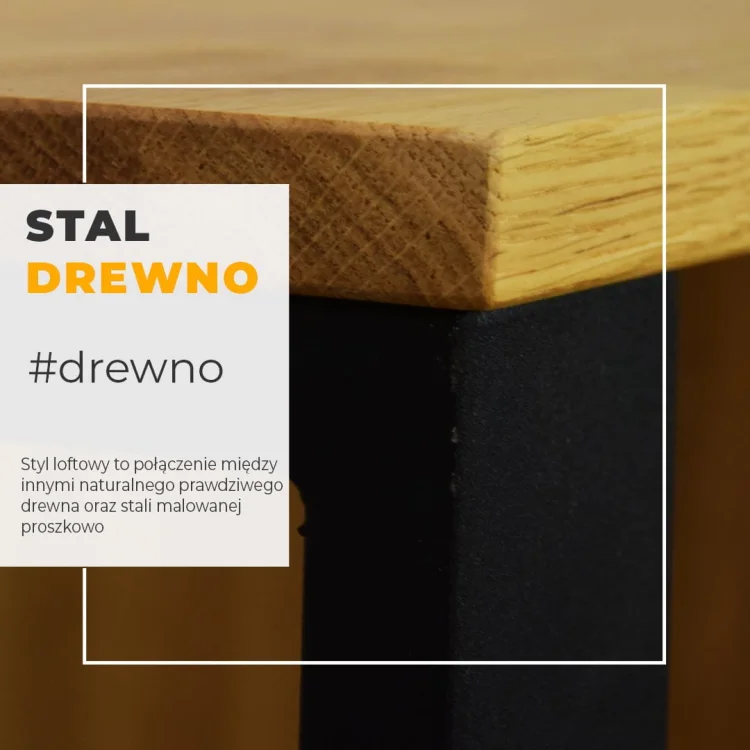 Zbliżenie połączenia drewnianego blatu i ciemnej stalowej nogi mebla.
