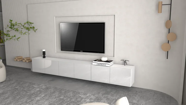 Biała wisząca szafka RTV ZEN GERMAN, widok pod kątem w salonie.
