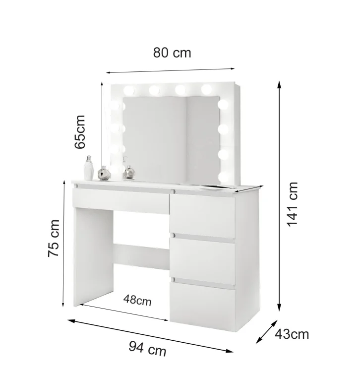 Schemat wymiarów białej toaletki GERMAN z lustrem LED, szerokość biurka 94 cm.
