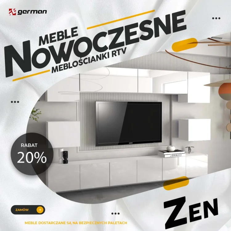 Grafika promocyjna białej meblościanki ZEN GERMAN z szafkami wiszącymi wokół telewizora.