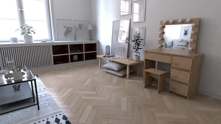 Toaletka GERMAN w dekorze drewna z lustrem i taboretem, szerokie ujęcie pokoju.