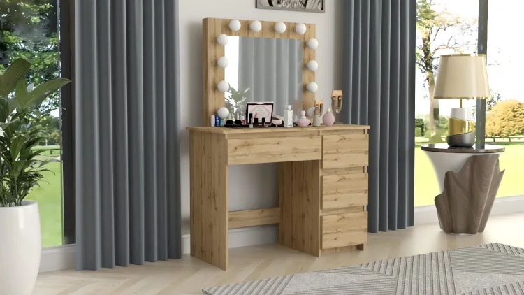Toaletka GERMAN dąb craft z lustrem LED, widok pod kątem przy oknie.