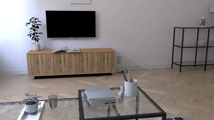 Szafka RTV GERMAN z frontami w jodełkę, widok z przodu pod telewizorem.