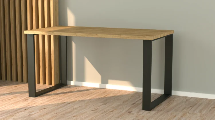 Biurko LOFT GERMAN dąb artisan na czarnych nogach, przy ścianie z lamelami.