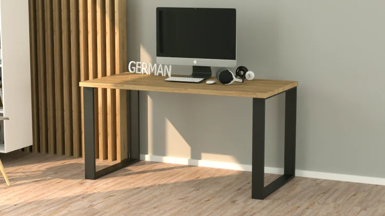 Biurko LOFT GERMAN z blatem dąb artisan i komputerem, w pokoju.