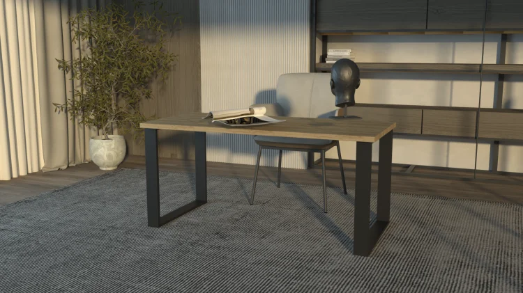 Biurko LOFT GERMAN na czarnych nogach ramowych, w aranżacji gabinetu.