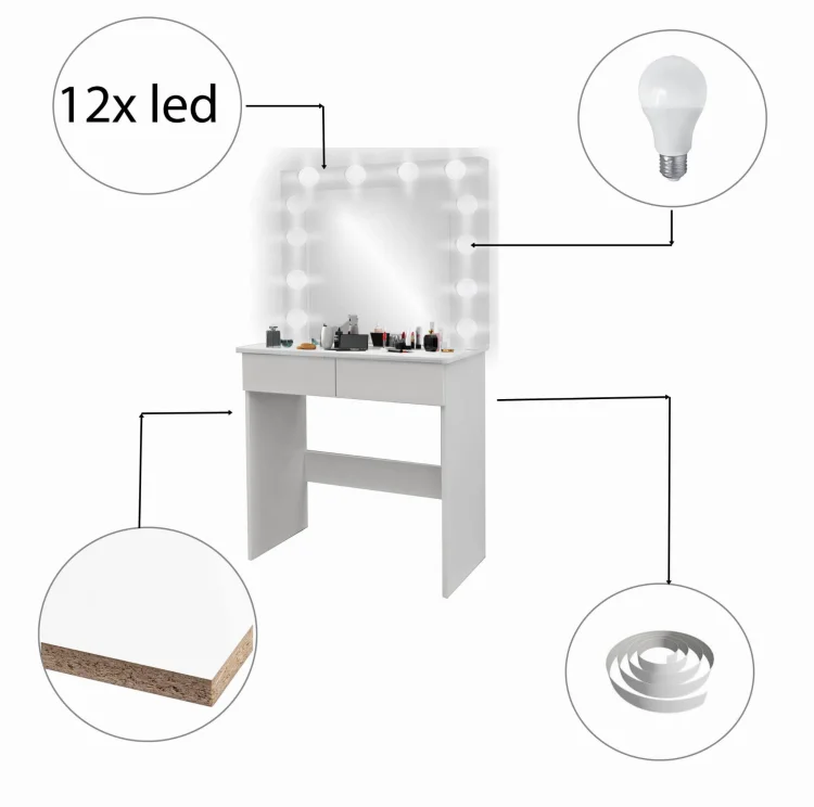 Grafika konstrukcji toaletki GERMAN: lustro z 12 żarówkami LED i elementy płyty meblowej.