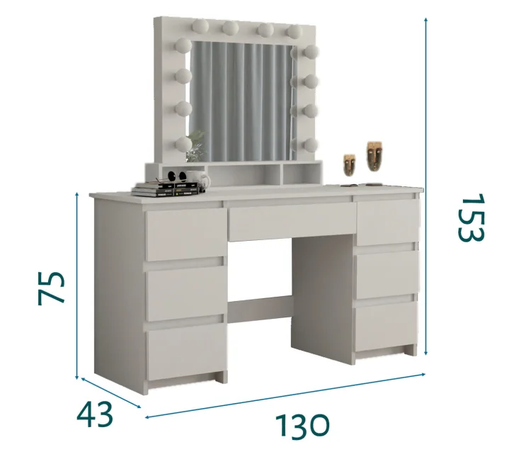 Schemat wymiarów toaletki BETI7 ROYAL GERMAN: szerokość 130 cm, głębokość 43 cm, wysokość z lustrem 153 cm.