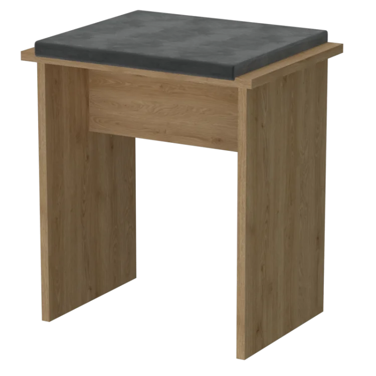 Taboret GERMAN w dekorze drewna z szarym tapicerowanym siedziskiem.