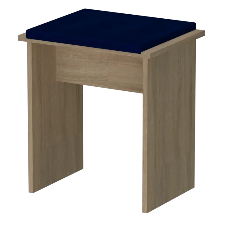 Taboret GERMAN dąb sonoma z granatowym tapicerowanym siedziskiem.