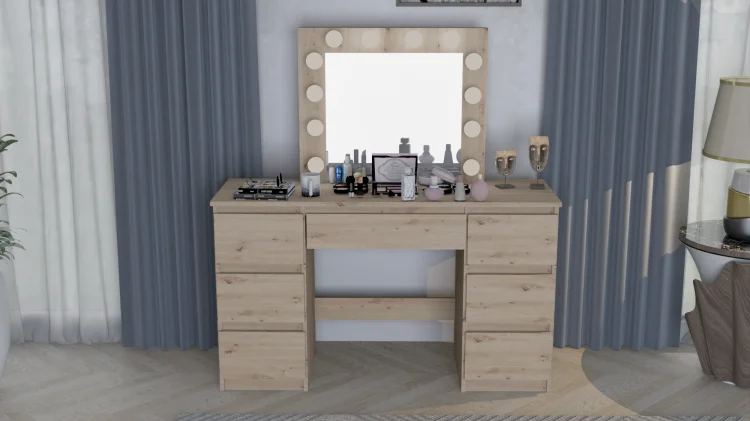 Toaletka BETI7 GERMAN dąb artisan z lustrem LED, widok z przodu przy szarych zasłonach.