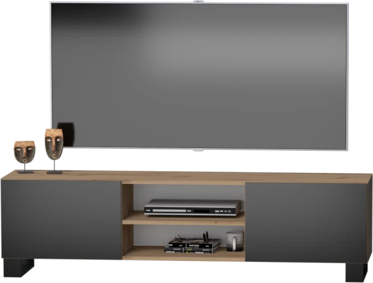 Szafka RTV SINDI LOFT GERMAN dąb artisan i czarny, zbliżenie półek pod telewizorem.