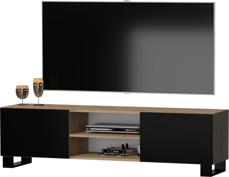 Szafka RTV SINDI LOFT GERMAN dąb artisan z czarnymi frontami, pod telewizorem.
