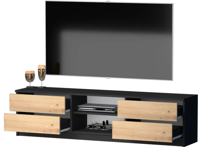 Szafka RTV SINDI QUAD GERMAN czarna z frontami dąb artisan, wysunięte szuflady i telewizor.