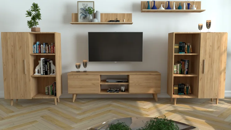 Szafka RTV SINDI GERMAN dąb craft z regałami, widok z przodu.