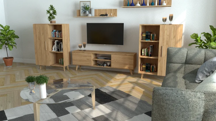 Szafka RTV SINDI GERMAN dąb craft z regałami, widok pod kątem w salonie.