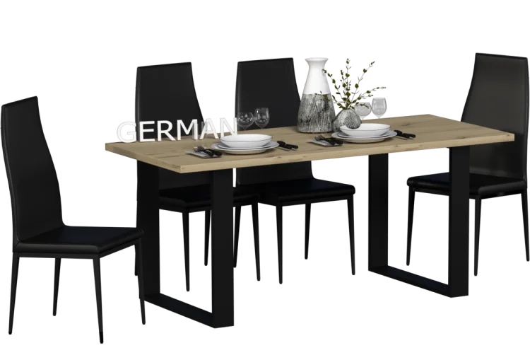 Stół loftowy GERMAN dąb artisan na czarnych nogach ramowych z czarnymi krzesłami o wysokich oparciach.