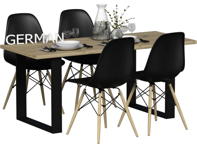 Stół loftowy GERMAN z blatem dąb artisan i czarnymi krzesłami na drewnianych nogach.
