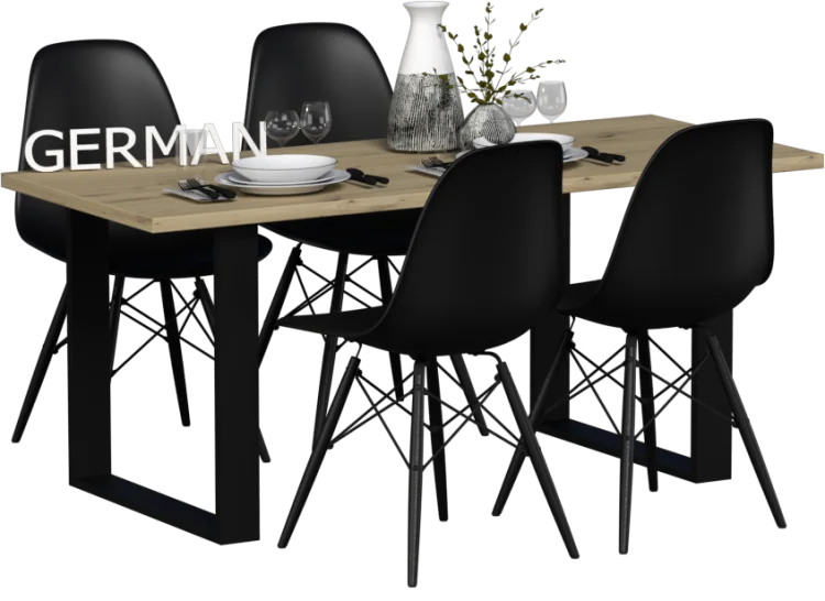 Stół loftowy GERMAN z blatem dąb artisan i czarnymi krzesłami, zastawa na blacie.